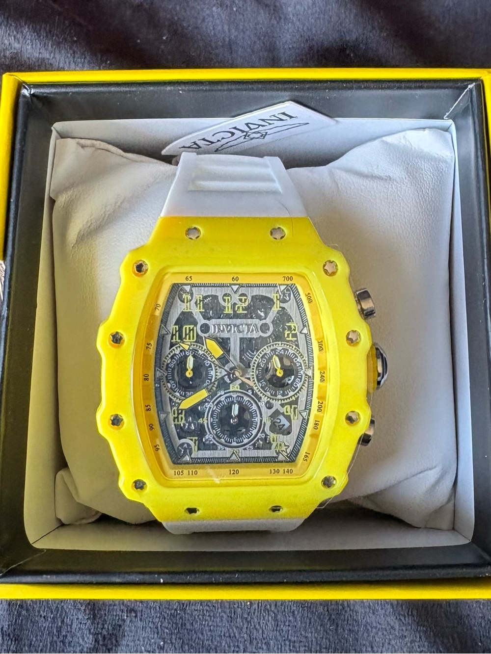NEW Invicta Racing 69740 Men’s Watch 44mm White Strap Yellow Case + 3-y Warranty